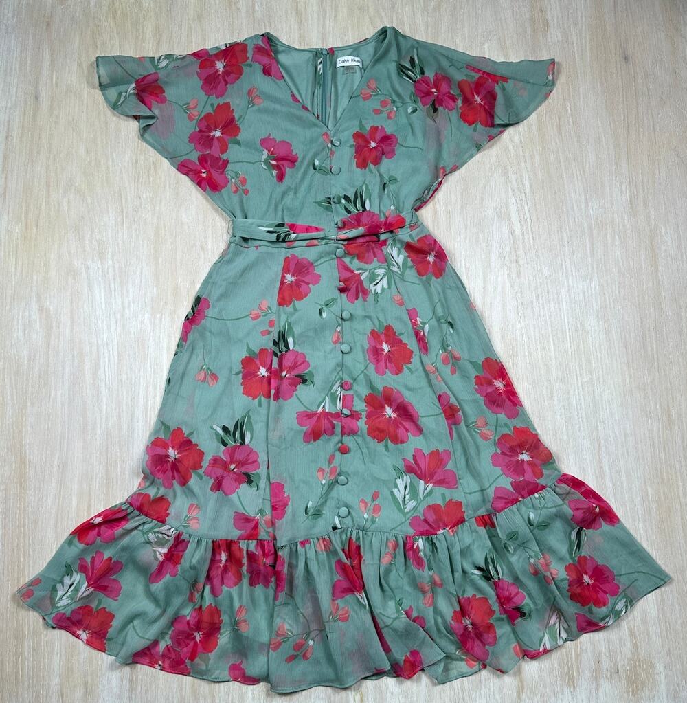 Calvin Klein Teal Pink Floral Belted Flutter Sleeve Ruffle Garden Midi Dress 4